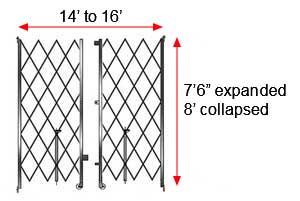 Retractable Folding Gate, Double, 14' - 16' W, 8' Collapsed Ht, 7' 6" Expanded Ht