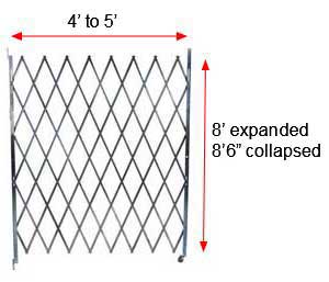 Retractable Folding Gate, Single, 4' - 5' W, 8' 6" Collapsed Ht, 8' Expanded Ht