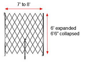 Retractable Folding Gate, Single, 7' - 8' W, 6' 6" Collapsed Ht, 6' Expanded Ht